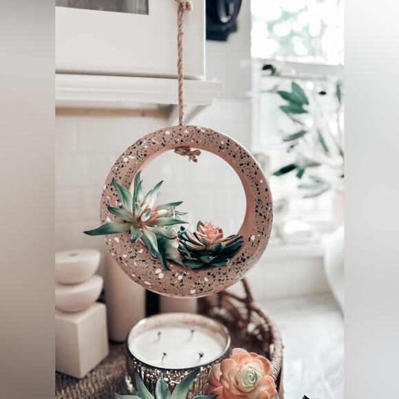 Jungalow lot succulents + terrazzo terracotta hanging circle planter boho home - Picture 2 of 8